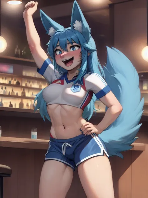 (Masterpiece) (High Detail) (High Res) A short humanoid girl with pale human skin and long blue hair and blue dog ears and a fluffy blue dog tail and average breasts. She is stood wearing an oversized baggy white England Soccer Jersey. England Soccer. Euro...