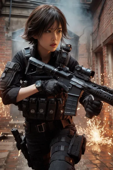 8K,Realistic Photo、Realistic Skin Texture、Superrealism、Japanese woman in LA SWAT、Operation、In a mid-sized American city、old buildings、sparks、Burst smoke、Brick、Comes with accurate and detailed black gear、Automatic rifle、Run、Bulletproof vest、Accessories such...