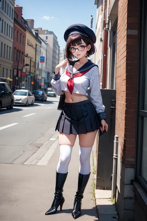 Best quality, Masterpiece, white thighboots, pleated skirt, sailor uniform, beret, glasses, short hair, medium breasts, cleavage, full body, city, high heels boots, navel