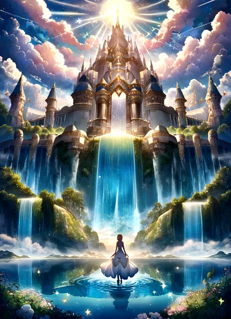 Heaven, landscape ilustration, sky, cloud, shine, a palace made from white diamond, waterfall, flowing waters, sparkling light stars, flying fairy angels at the sky, magical fog, a magical places, dream world