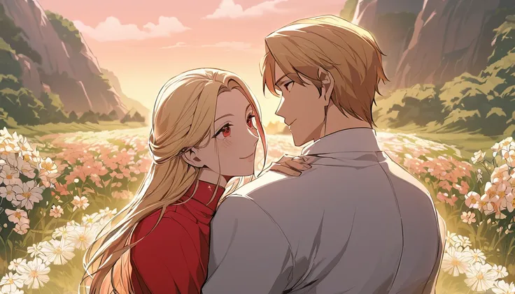 fantasy-style, floral background, romance manhwa, masterpiece, best quality, 2others, couple, hetero, 1man with 1woman,
man hair blonde, (Man_red_eyes), 
woman hair blonde, (woman_pink_eyes),
height difference, 
different colors, happy, love, flower-filled...