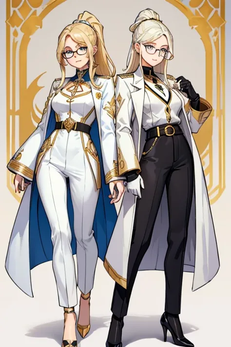 female, blonde long hair in a ponytail, blue eyes, (((1girl))), (((white regal coat with gold trim))), (black high collar shirt), (white dress pants), (gold heels), (black belt), (glasses), (black fingerless gloves), cute and sexy, modest breasts, modest b...