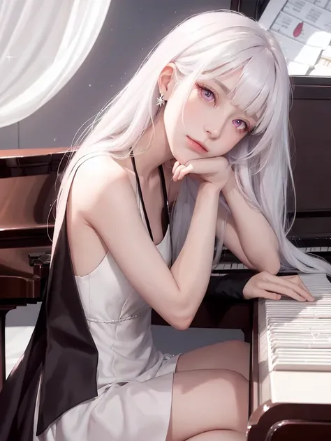 1girl, solo, long hair, piano, instrument, dark pink eyes, dress, white dress, white hair, looking at viewer, light particles, closed mouth, indoors, jewelry, sleeveless, bare shoulders, bangs, from side, head rest on piano, head tilt,perfect symmetrical b...