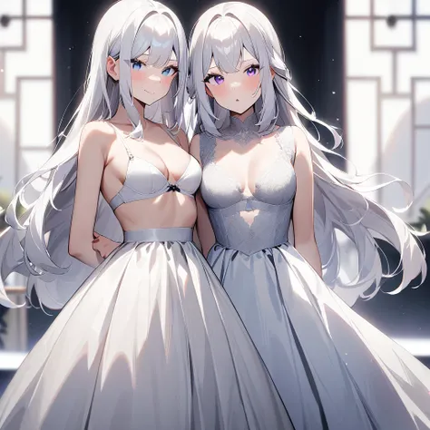 nafw,(2 girls:1.3),(duo),breast,absurdres,best quality,very aesthetic,absurdres,bra,(light silver White hair),太もも,(purple),(straight-on),(long hair),(gown),(bare breasts)