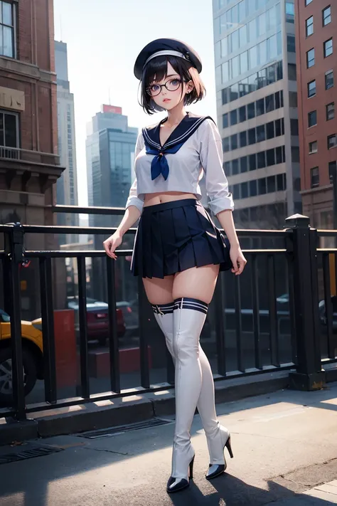 Best quality, Masterpiece, white thighboots, pleated skirt, sailor uniform, beret, glasses, short hair, medium breasts, cleavage, full body, city, high heels boots, navel