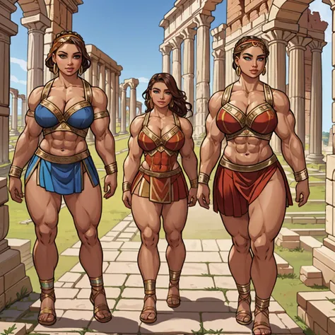 ancient rome, roman villa background, group of young girls, female gladiators, young, teens, muscular, athletic, buff, attractive, curvy, powerful, varied ethnicities, gideon, 