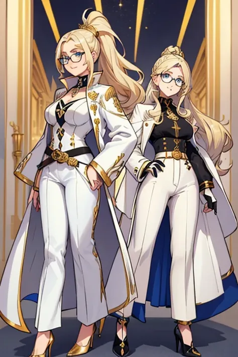 female, blonde long hair in a ponytail, blue eyes, (((1girl))), (((white regal coat with gold trim))), (black high collar shirt), (white dress pants), (gold heels), (black belt), (glasses), (black fingerless gloves), cute and sexy, modest breasts, modest b...