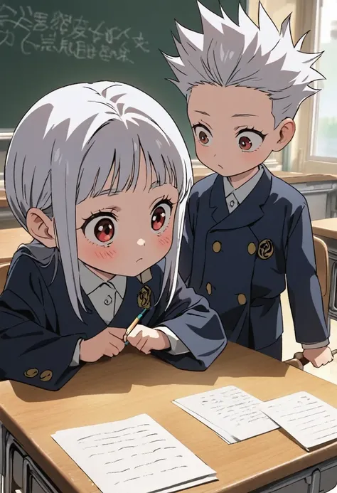 Highest quality, movie image quality, cute  with a good face in the classroom, desk, chair, blackboard, classmate with  (8 years old, little , cute), Jujutsu Kaisen style