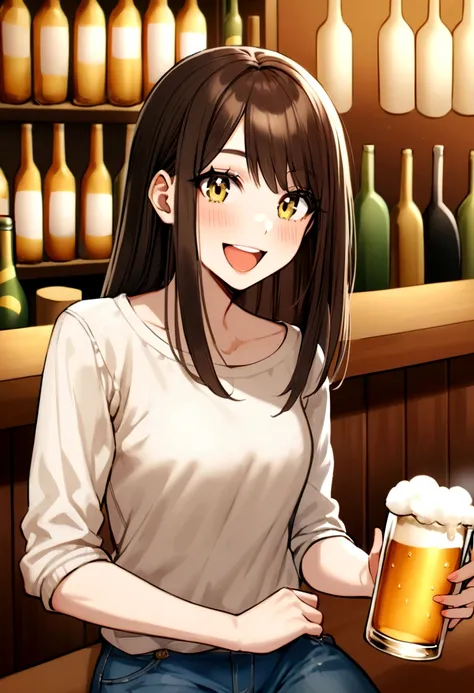 Brazilian, 20 years old, brunette, straight hair, happy, IN A Brazilian BAR, drinking a beer, wearing jeans