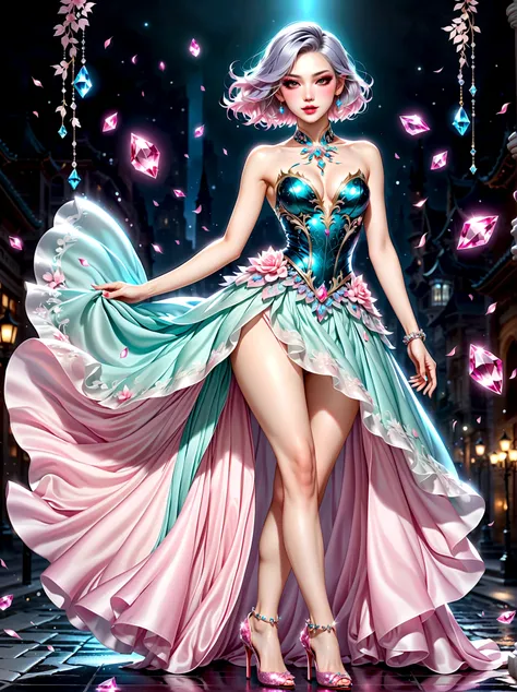 ((masterpiece))，Best quality，absurd，Ultra Detailed，(Full body shot:1.5)，Golden Ratio，Super cute and beautiful Asian idol girl，Beautiful Drag Queen，Manners are elegant，Shoulder-Length Light Teal Hair，Wearing an edgy bob，Her makeup is mesmerizing，Eyeshadow g...