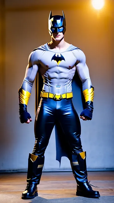 21 yo boy, straight pompadour hair. Wearing Batman Costume, Natural face, show arms, show big muscle, muscular body. (Full body shot, attack pose).