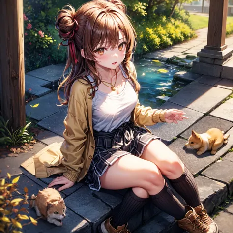 Red, brown, gold, gold hair、Golden Eyes、Hair tied up、One good looking girl、solo、anime、Checkered mini skirt、Ruffles on the skirt、camisole、camisole、Lightweight cardigan、Black knee-high socks、Wearing a baseball cap、Ribbon、Ribbon on waist、Teeth are visible、Sun...