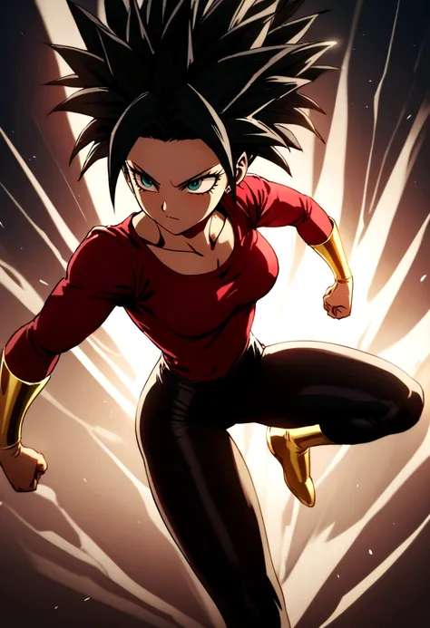 kefla with black hair up, with red top and leggings, one punch man style