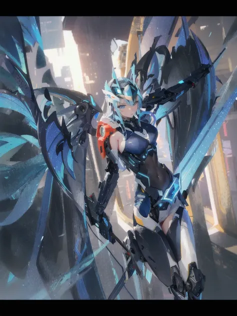 A beautiful detailed angel girl with long flowing blue hair and large blue eyes, sexy, seductive, wearing futuristic crop top body armor, mechanical wings, a black trimmed exoskeleton, flying in a futuristic white city with a clear blue visor covering the ...