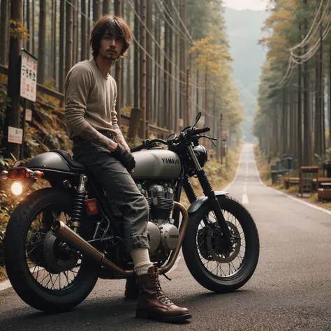 2024s, Neo Cafe Racer, YAMAHA, SR400, beautiful bike, Japanese man, riders wear, beautiful face, torn pants, very intricate details, clean paint job, single road in wilderness, Detail up like a magnifique AI, realistic photo, takenwith Fuji film X-T30+Nokt...