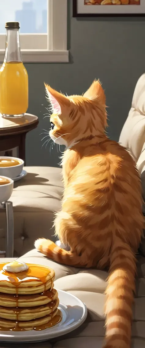 An orange kitten sits on a sofa in a cozy home, eyes wide with curiosity as it watches a vibrant television advertisement featuring golden stacks of syrup-drizzled pancakes. Its tail twitches in excitement, captivated by the delicious-looking breakfast.