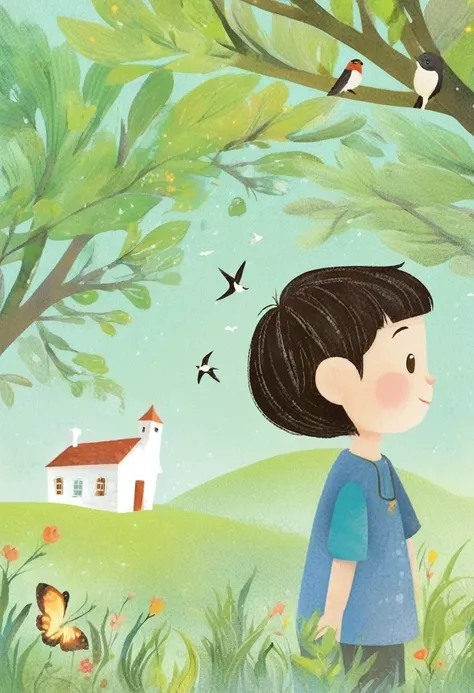 digital illustration art, (little boy's hair is whimsically illustrated with houses, trees, roots, swallows adorned), (side head...