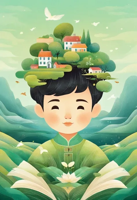 Digital Illustration Art, (Little boys Hair is Whimsically Illustrated with Houses, Trees, Roots, Swallows Adorned), (Side Headshot), Background of Green Trees and Hills, Side by Side, Evoking the Charm of a Charming Rural Landscape. The background blends ...