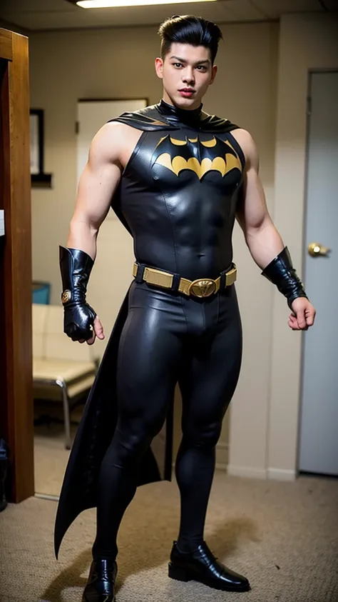 21 yo boy, straight pompadour hair. Wearing Batman Costume, Natural face, show arms, show big muscle, muscular body. (Full body shot, attack pose).