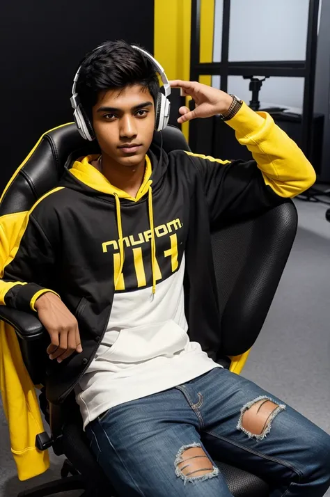 The 19-year-old dedicated Indian boy is looking forward and sitting on a black gaming chair with yellow highlights, wearing a modern white hoodie. Oh, he is in a big studio, wearing headphones, with a setup full studio