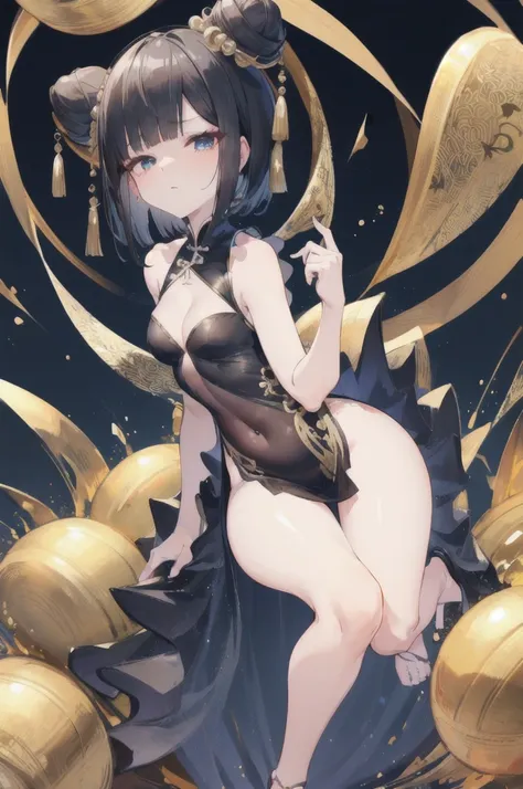 chinese bun black short hair,bun cover,dress lift Transparent see-through china dress, long dress,tight mini skirt, gold decoration dress, sleeveless, ultra detailed dress,cleavage, cleavage cutout, clothing cutout,,((NSFW))　((hentai))Long black hair　((Tod...