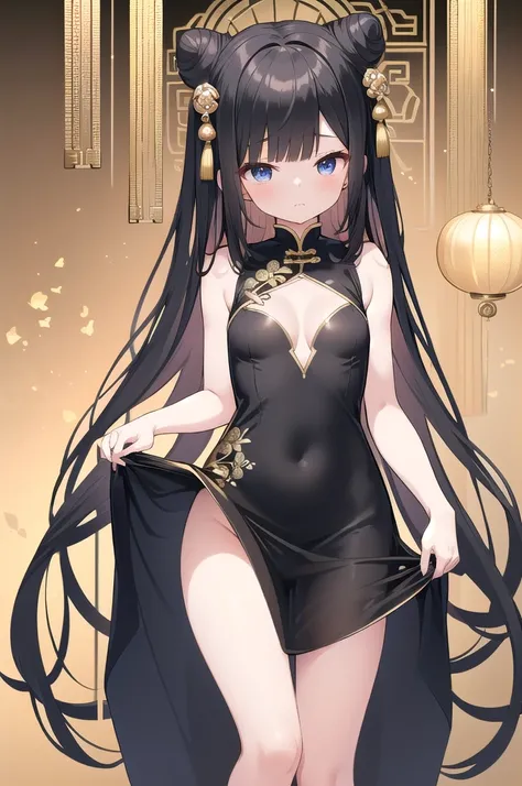 chinese bun black short hair,bun cover,dress lift Transparent see-through china dress, long dress,tight mini skirt, gold decoration dress, sleeveless, ultra detailed dress,cleavage, cleavage cutout, clothing cutout,,((NSFW))　((hentai))Long black hair　((Tod...