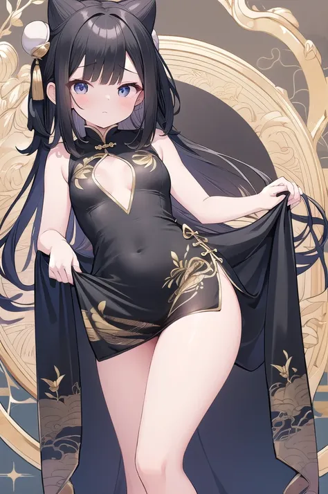 chinese bun black short hair,bun cover,dress lift Transparent see-through china dress, long dress,tight mini skirt, gold decoration dress, sleeveless, ultra detailed dress,cleavage, cleavage cutout, clothing cutout,,((NSFW))　((hentai))Long black hair　((Tod...