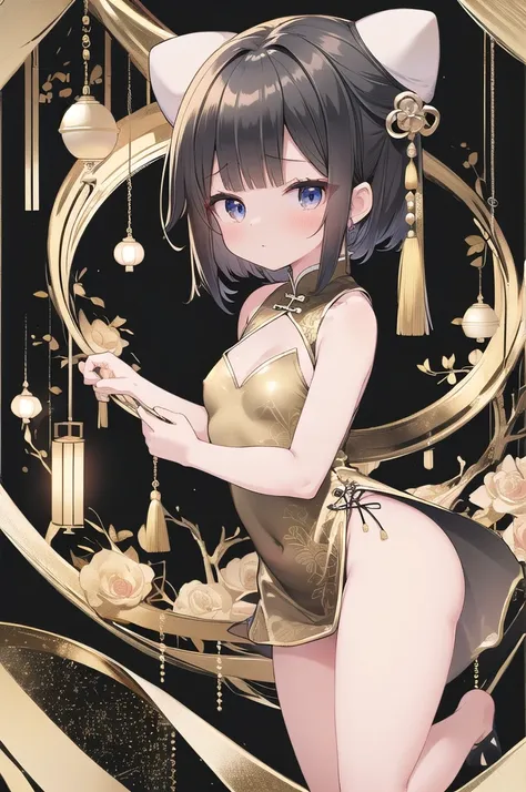 chinese bun black short hair,bun cover,dress lift Transparent see-through china dress, long dress,tight mini skirt, gold decoration dress, sleeveless, ultra detailed dress,cleavage, cleavage cutout, clothing cutout,,((NSFW))　((hentai))Long black hair　((Tod...