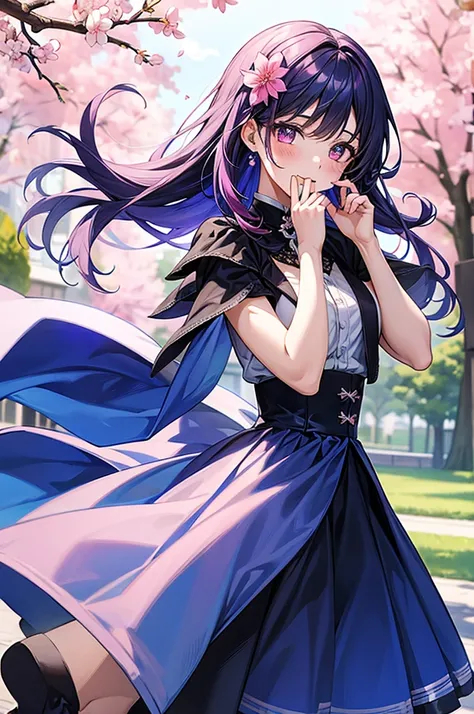 1girl, holding up a sapphire blue flower over her mouth, black pink hair ombre, park with cherry blossom background