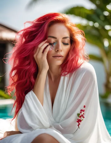 beautiful woman with long pink hair wearing( a white blanket blouse), with a red flower in front of her covering one eye and part of her face, natural sunlight,sitting in outside the pool of Maldives , light colors, in the style of ultrafine detail, high-q...