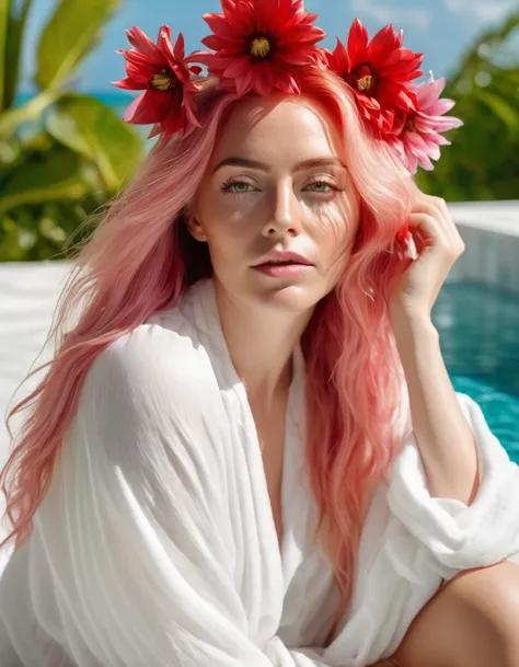 beautiful woman with long pink hair wearing( a white blanket blouse), with a red flower in front of her covering one eye and part of her face, natural sunlight,sitting in outside the pool of Maldives , light colors, in the style of ultrafine detail, high-q...