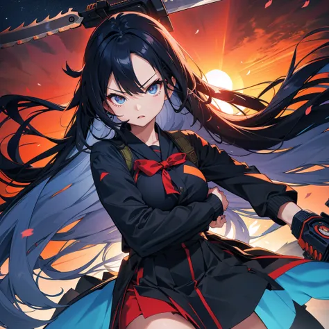 One girl,Chainsaw Sunrise Stance, (Have a weapon:1.3),whole body,Long black hair,,cherry blossoms, Zoom out,Wide Shot, (masterpiece, Highest quality),Dynamic composition、[17277fbe68],((Perspective Lens, Woman with long hair, Dynamic poses with serious and ...