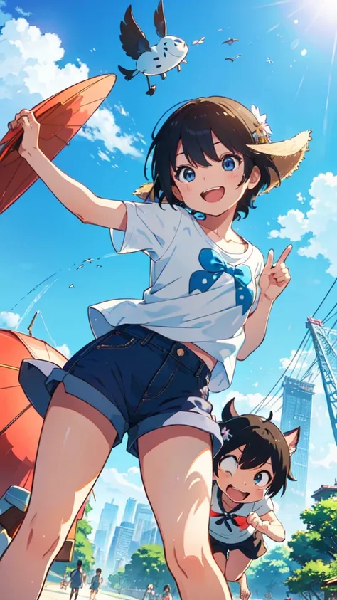 Summer in Tokyo, a little monster and a  in shorts fly together over the blue sky, a mysterious world, dynamic poses, happy expressions,