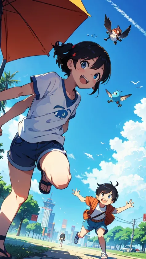 Summer in Tokyo, a little monster and a  in shorts fly together over the blue sky, a mysterious world, dynamic poses, happy expressions,