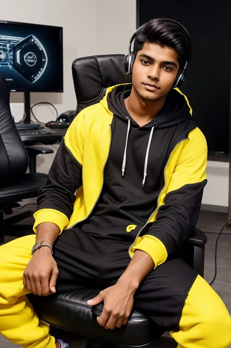 The 19-year-old dedicated Indian boy is looking forward and sitting on a black gaming chair with yellow highlights, wearing a modern white hoodie. Oh, he is in a big studio, wearing headphones, with a setup full studio