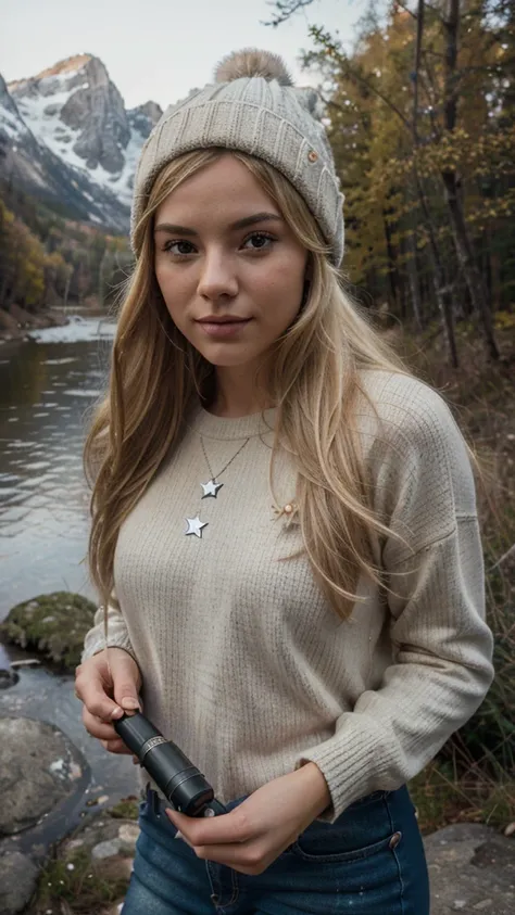  blonde photorealistic, best quality, hyper detailed, gorgeous woman, selfie photo, upper body, soli, pullover tragen, cool, (natta), mountains, Nature in real life, stars, Mond, (cheerful, happy), sleeping bag, gloves, pullover, beanie, flashlight, woods,...