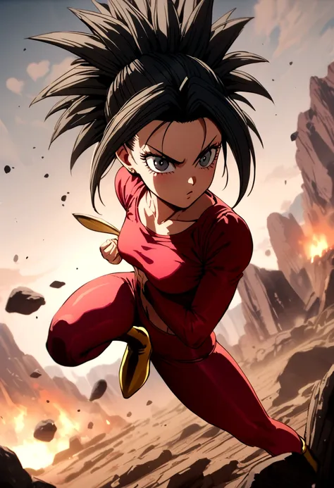 kefla with black hair up, with red top and leggings, one punch man style