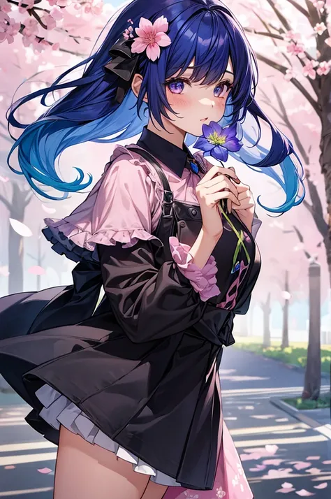 1girl, holding up a sapphire blue flower over her mouth, black pink hair ombre, park with cherry blossom background, harajuku style fashion