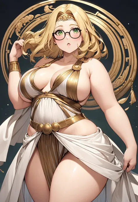 chubby girl, Blonde with green eyes, medium length hair, open forehead, round facial features, glasses with black square frames 
Greek goddess, Greek style of dress, ancient Greece,sexy, open hips, open breasts 