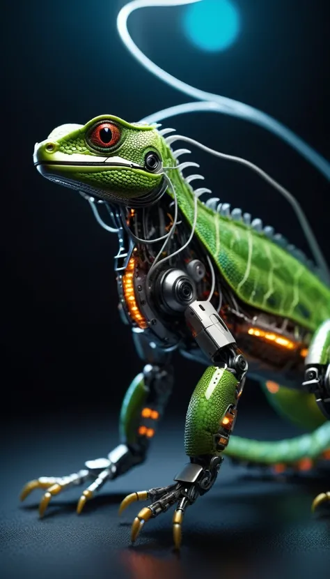 Translucent movie stills (Cybernetic robotic lizard:1.5), (Glowing Veins:1.3) (The cable enters the body, circuit:1.3), Very detailed, Vignette, Very detailed, High budget, Bokeh, Sulky, amazing, nice, Film Grain, granular