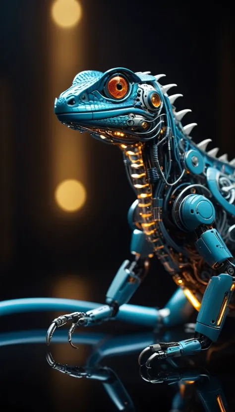 Translucent movie stills (Cybernetic robotic lizard:1.5), (Glowing Veins:1.3) (The cable enters the body, circuit:1.3), Very detailed, Vignette, Very detailed, High budget, Bokeh, Sulky, amazing, nice, Film Grain, granular