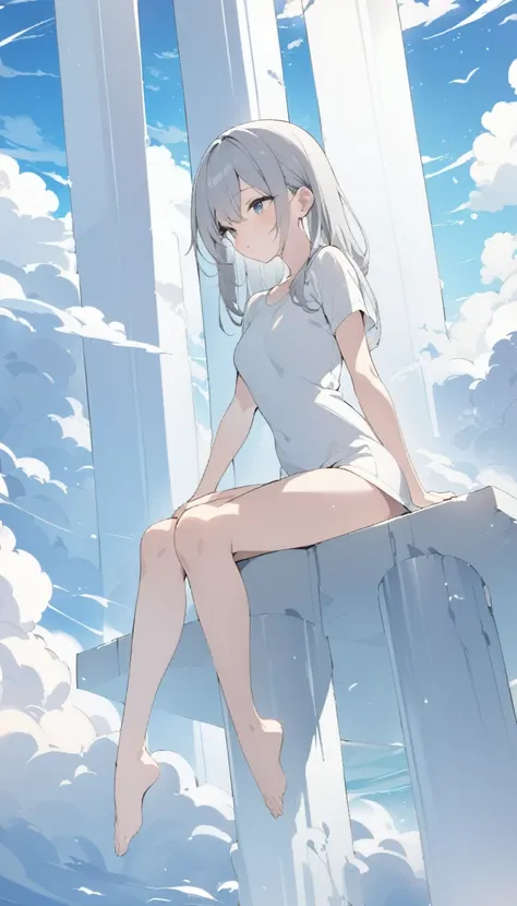 One Girl、Highest quality、masterpiece、Perfect Anatomy、Girl sitting on a pillar、A thin pillar stretching high into the sky、Mysterious cylindrical pillar、Height 3000ｍ、sea of clouds、blue sky、Sitting cross-legged、Hair blowing in the wind、Gray Hair、Girl staring ...