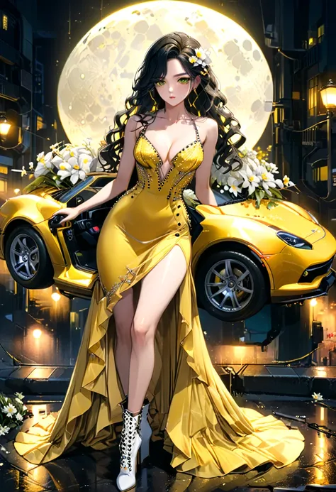 a picture of a female model wearing an evening dress ((lifting a car: 1.5)), glamorous model woman, black hair, long hair, wavy hair, beautiful green eyes, she wears a ((yellow evening dress: 1.5)), elegant, intricate detailed dress, silk dress, small clea...