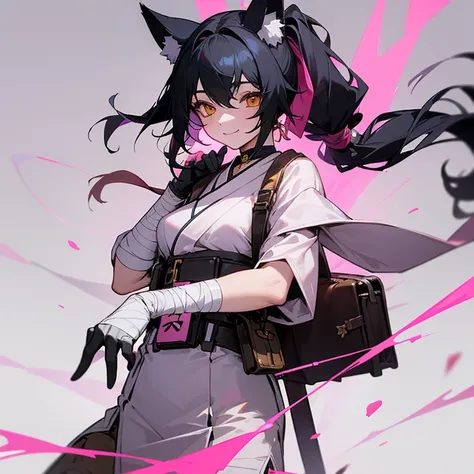 female, a girl, happy, smiling, pale skin, golden eyes, black hair, side tail, slim, gloves, pink muffler, japanese clothes, with a gun, with animal ears, with fox ears, cute, side short ponytail, curly, blindfold, choker, waist pouch, with a bandage