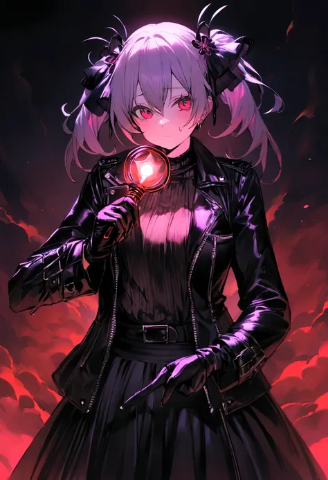 Highest quality,masterpiece,, 『魔法少女まどか☆マギカ』Madoka Kaname、Wearing a black leather jacket and combat boots。, Have a magic wand, And there&#39;s a cold look on her face.