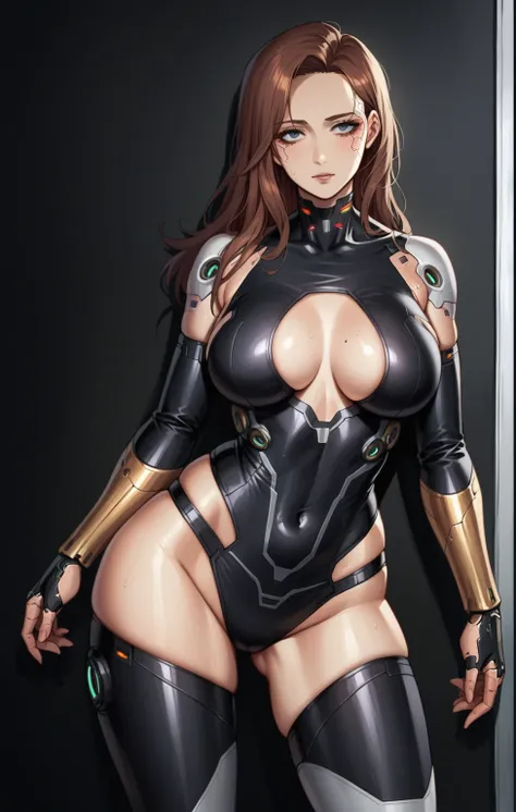 arafed woman in a black and gold latex outfit posing, oppai cyberpunk, gynoid cyborg body, cybersuit, beautiful alluring female cyborg, beutiful girl cyborg, girl in mecha cyber armor, beutiful white girl cyborg, biomechanical oppai, seductive cyberpunk da...