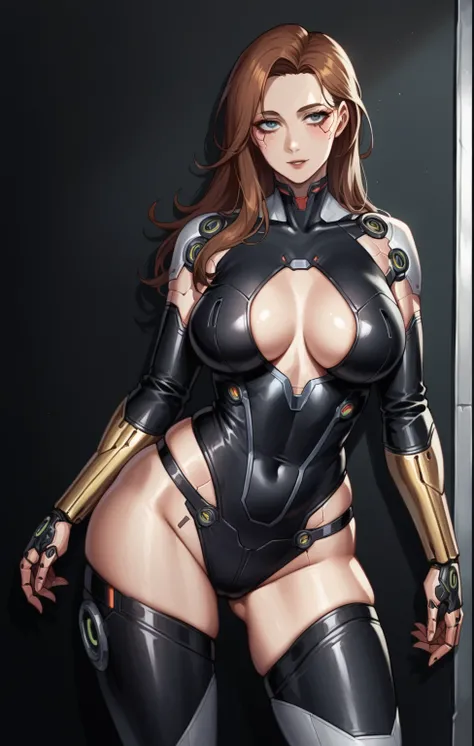 arafed woman in a black and gold latex outfit posing, oppai cyberpunk, gynoid cyborg body, cybersuit, beautiful alluring female cyborg, beutiful girl cyborg, girl in mecha cyber armor, beutiful white girl cyborg, biomechanical oppai, seductive cyberpunk da...