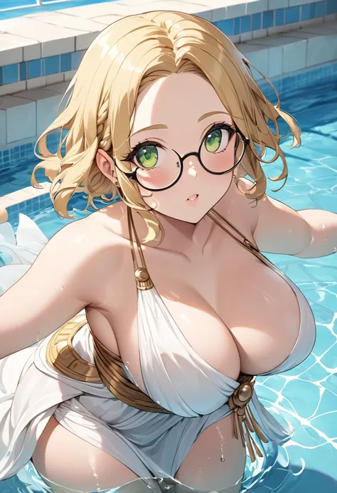 chubby girl, Blonde with green eyes, medium length hair, open forehead, round facial features, glasses with black square frames 
Greek goddess, Greek style of dress, ancient Greece,sexy, open hips, open breasts 
water, swimming pool