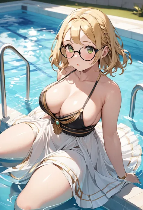 chubby girl, Blonde with green eyes, medium length hair, open forehead, round facial features, glasses with black square frames 
Greek goddess, Greek style of dress, ancient Greece,sexy, open hips, open breasts 
water, swimming pool