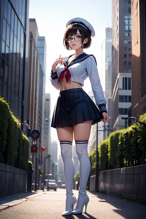 Best quality, Masterpiece, white thighboots, pleated skirt, sailor uniform, beret, glasses, short hair, medium breasts, cleavage, full body, city, high heels boots, navel